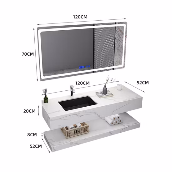 Armoire de salle de bain moderne en bois de grande taille, comptoir de vanité en pierre frittée, miroir LED, meubles de bain de luxe Combo