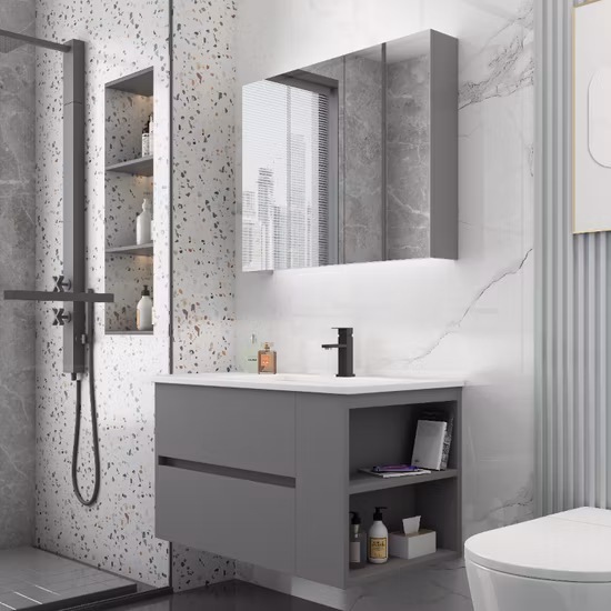 1400mm largeur luxe Design moderne LED rétro-éclairé miroir fritté pierre bassin mural en bois salle de bain vanité armoire meubles